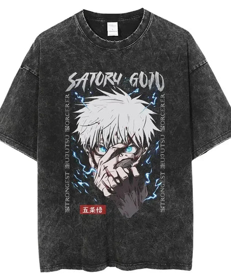 Vintage Anime Printed Washed T-shirt Men Women Cotton T Shirt Hip Hop Streetwear Summer Crew Neck Retro Short Sleeve Tees Tops
