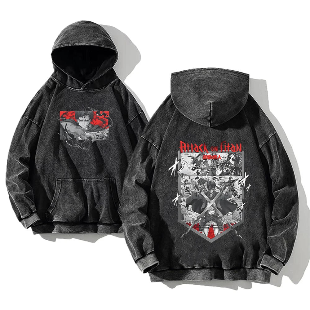 Attack on Titan Acid-Washed Hoodie – Manga Streetwear Long Sleeve