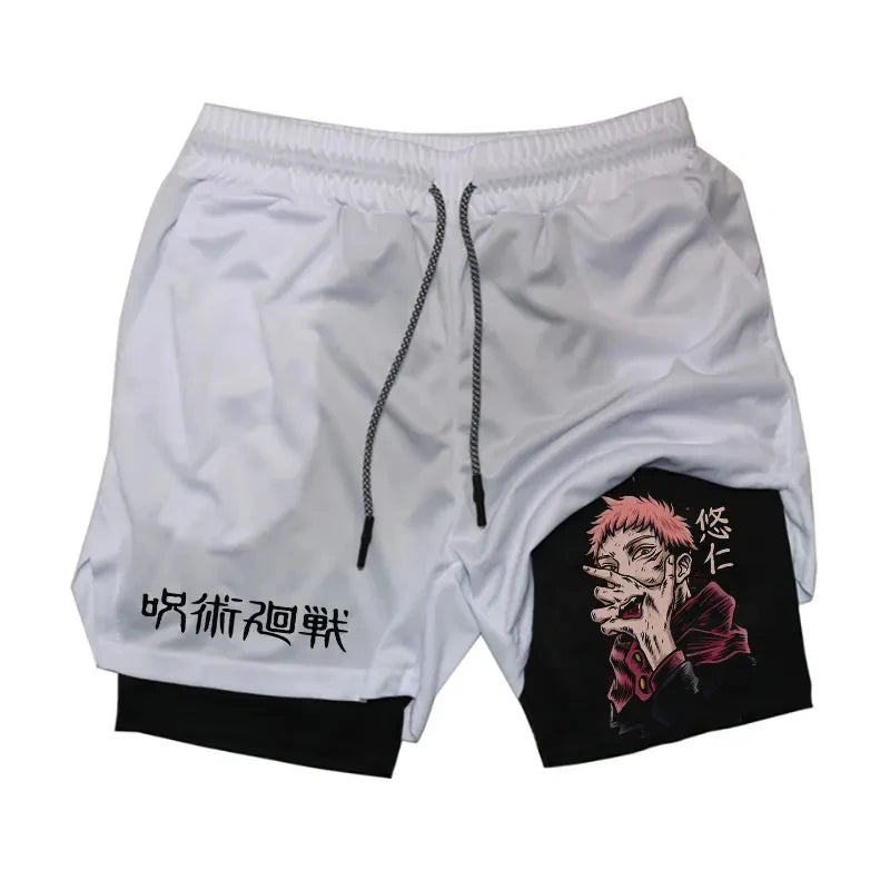 Anime Gym Shorts 2 In 1 Double Layer Men Workout Sports Jogging Sportwear Training Sport Shorts Male Summer Performance Shorts