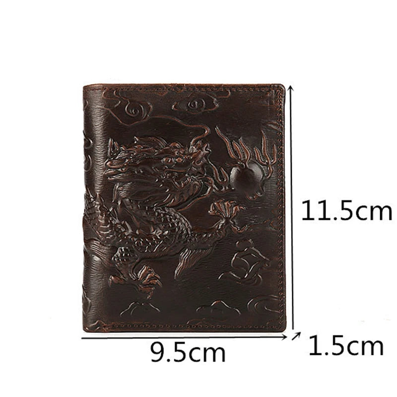 High Quality Genuine Leather Short Wallet 3D Dragon Style Card Wallet Vintage Bifold Small Purse for Man Male Gift Purses
