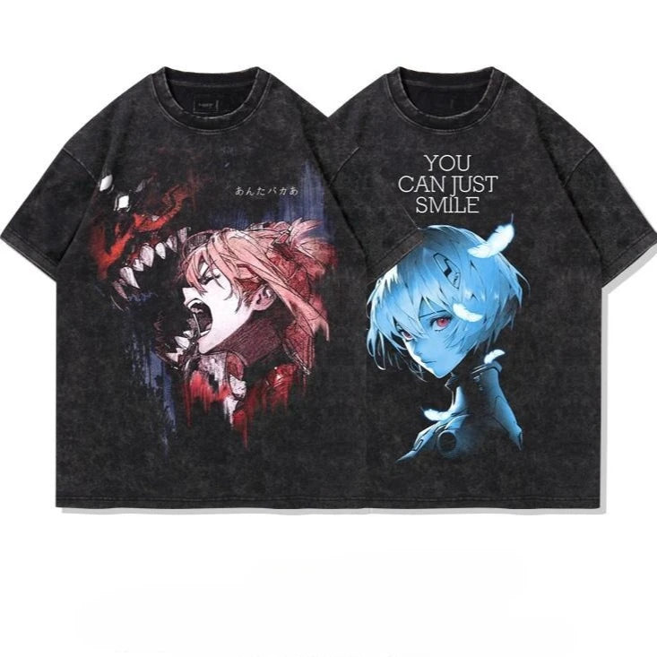 Anime Eva Graphic T-shirt Man Summer Y2k Clothes Casual Short Sleeved Tee Women Vintage Washed Cotton Gym Clothing Top