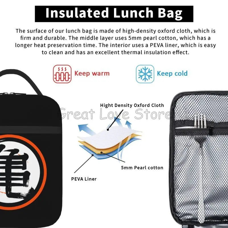 DBZ Kanji Print Insulated Lunch Bag for Women Men Boys Girls Reusable Waterproof Thermal Bento Tote Bags for Work Travel Picnic