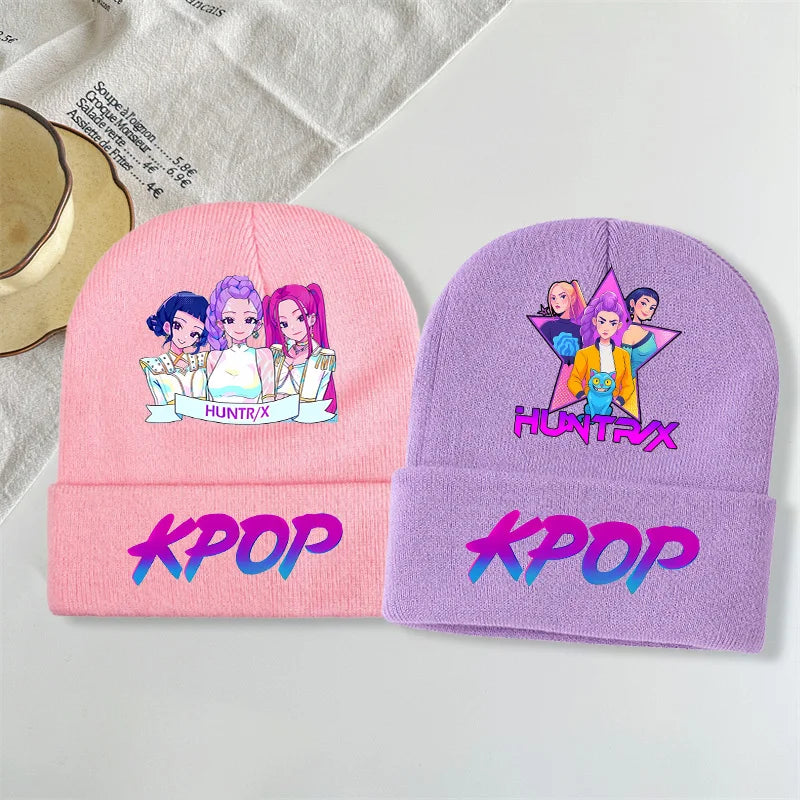 Kpop Demon Hunters Kawaii Knitted Hat for Girls Anime Cute Knit Hats Children Autumn Winter Windproof Warm Hats Gifts
