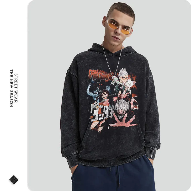 Anime dandadan Hoodies Vintage Washed Dan Da Dan Hooded Sweatshirts Oversize Streetwear Manga Ayase Momo Okarun Hoodie Men Women