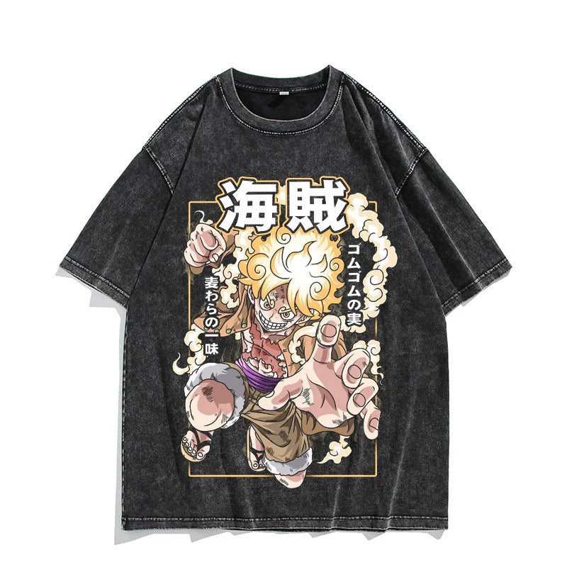 One Piece Luffy Vintage Washed T-Shirt – Unisex Cotton Anime Streetwear