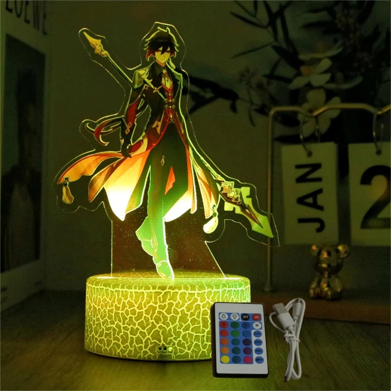 Genshin Impact 3D Lamp LED Night Light Anime Figures Zhongli Raiden Shogun Remote RGB Dream Colors Kids Bedroom Home Decor