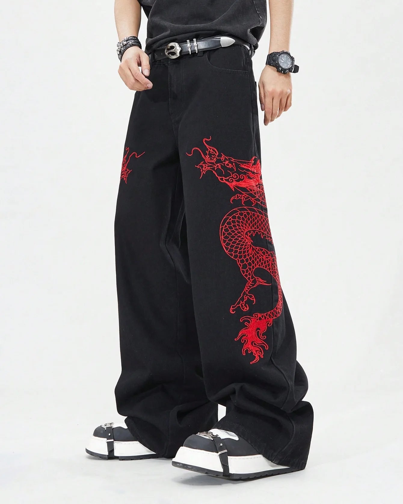 New Retro Oriental Dragon Design Fashionable Loose Jeans Men Street Hip-hop Casual Straight Wide-leg Pants Women