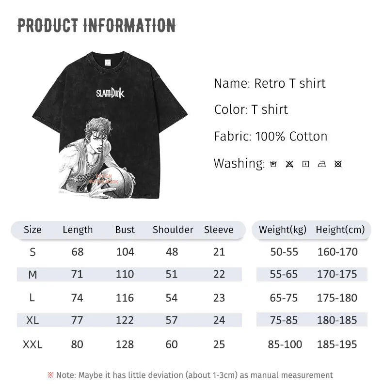 Hanamichi Rukawa Haruko T Shirt Slam Anime Dunk Sendou Vintage Washed Tops Tees Short Sleeve Manga Graphic T-shirt Man Cotton