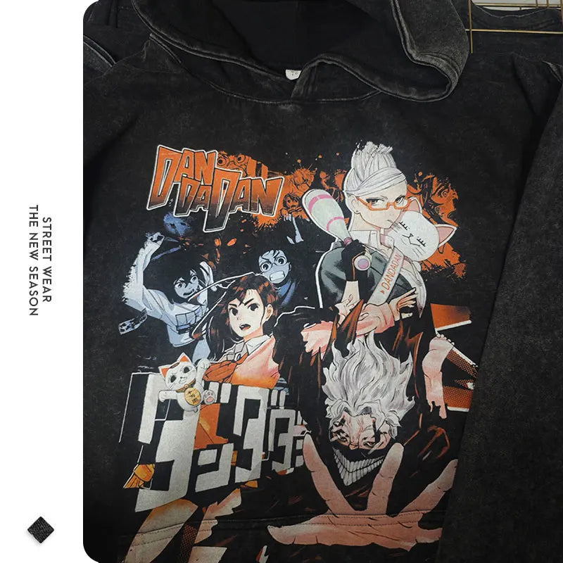 Anime dandadan Hoodies Vintage Washed Dan Da Dan Hooded Sweatshirts Oversize Streetwear Manga Ayase Momo Okarun Hoodie Men Women