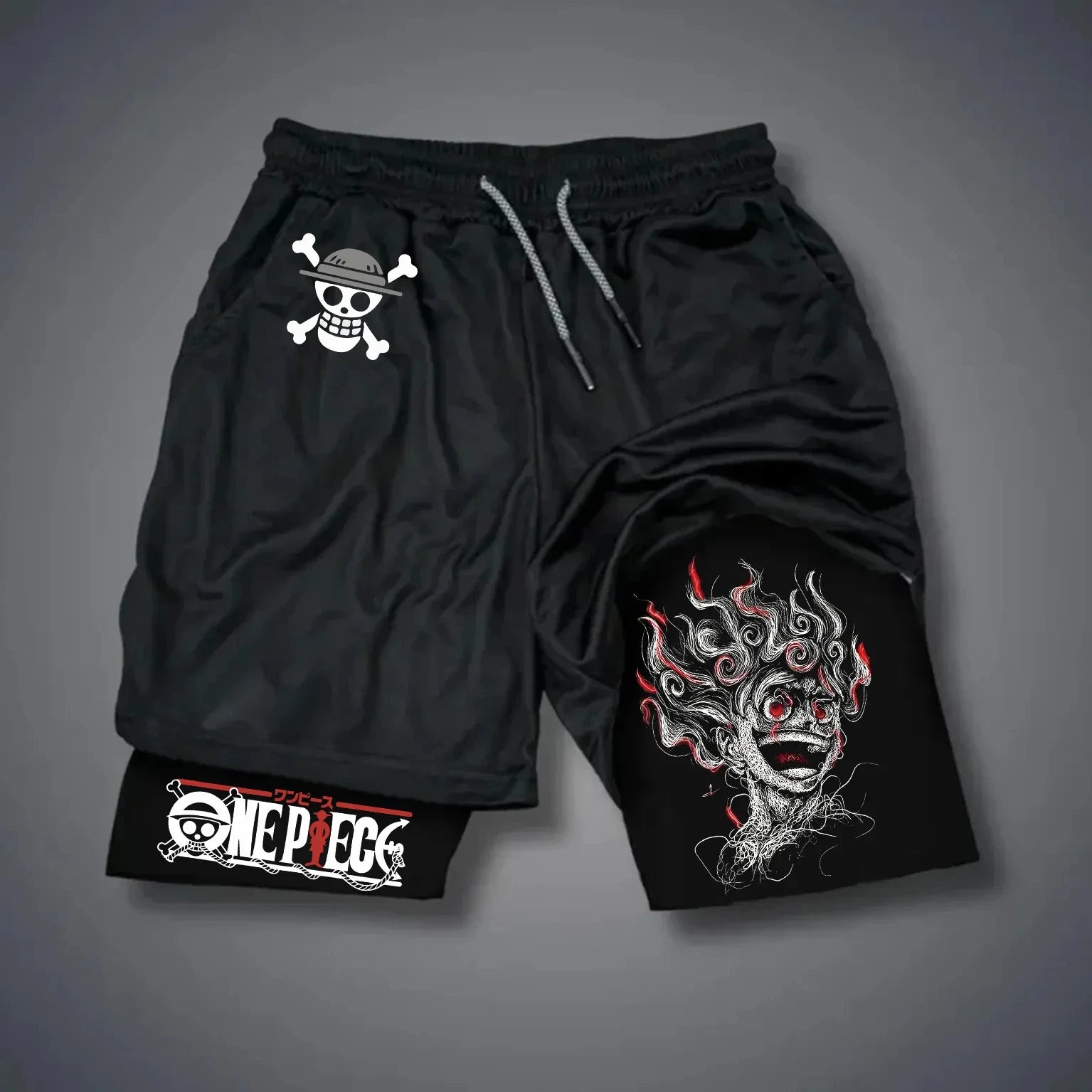 Anime Men's Gym Shorts One Piece Summer Sports Pants Streetwear Breathable Mesh Double-layer 2 in 1 Shorts Sportswear Y2k