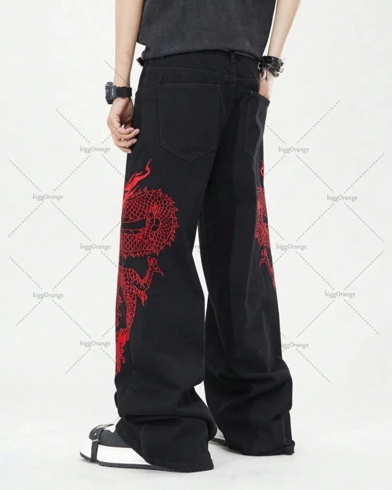 New Retro Oriental Dragon Design Fashionable Loose Jeans Men Street Hip-hop Casual Straight Wide-leg Pants Women