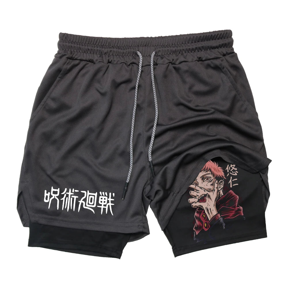 Anime Gym Shorts 2 In 1 Double Layer Men Workout Sports Jogging Sportwear Training Sport Shorts Male Summer Performance Shorts