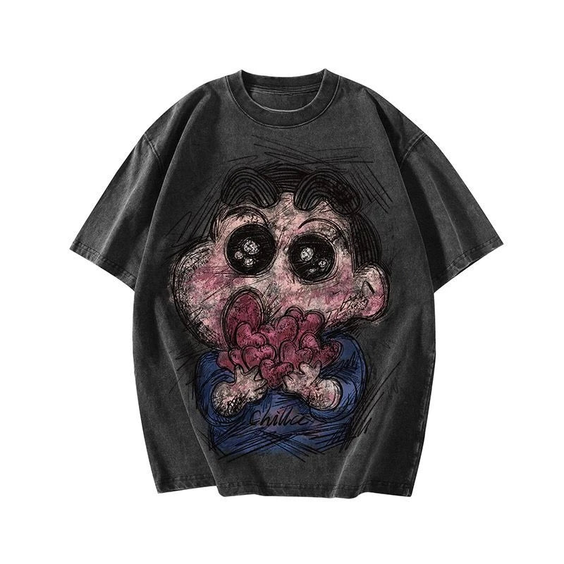 Retro Hand-drawn Shin-chan Short-Sleeved Tees American T-Shirt Oversized Washed Cotton Aged Loose Fit Casual Tops for Men Women