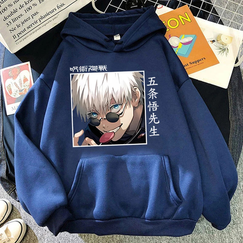Autumn Winter Casual Anime Gojo Satoru Print Hoodies Solid Color Long Sleeve Hooded Pullovers Sweatshirts Plus Size