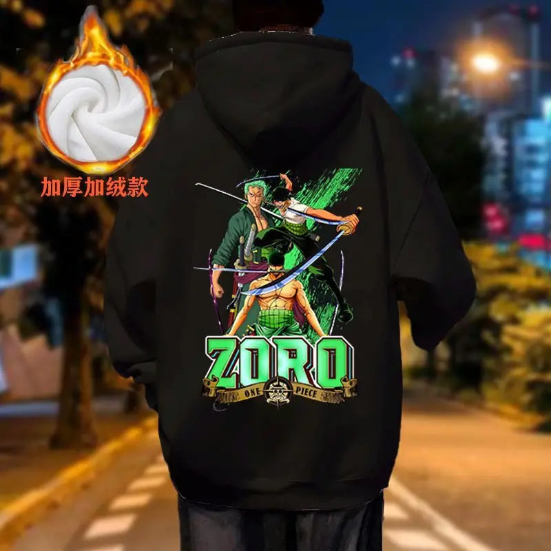One Piece Roronoa Zoro Autumn and Winter Hooded Sweatshirt Thin with Thick Fleece for Couples Loose Fit Jacket