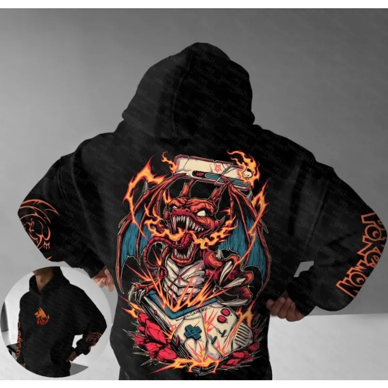 Pokemon Autumn and Winter Handheld Print Hoodie Men's Hand-painted Fashion Trend Loose Casual Jumper