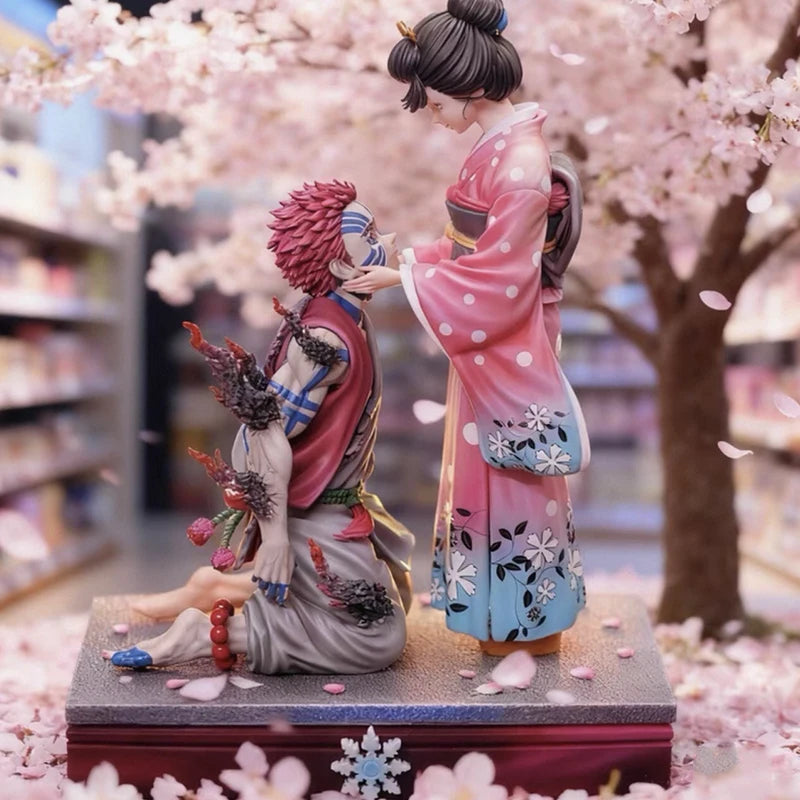 27cm Demon Slayer GK Popart Akaza & Koyuki Figure Anime Collectible Model Toy Cherry Blossom Scene Statue Desktop Ornament Gift