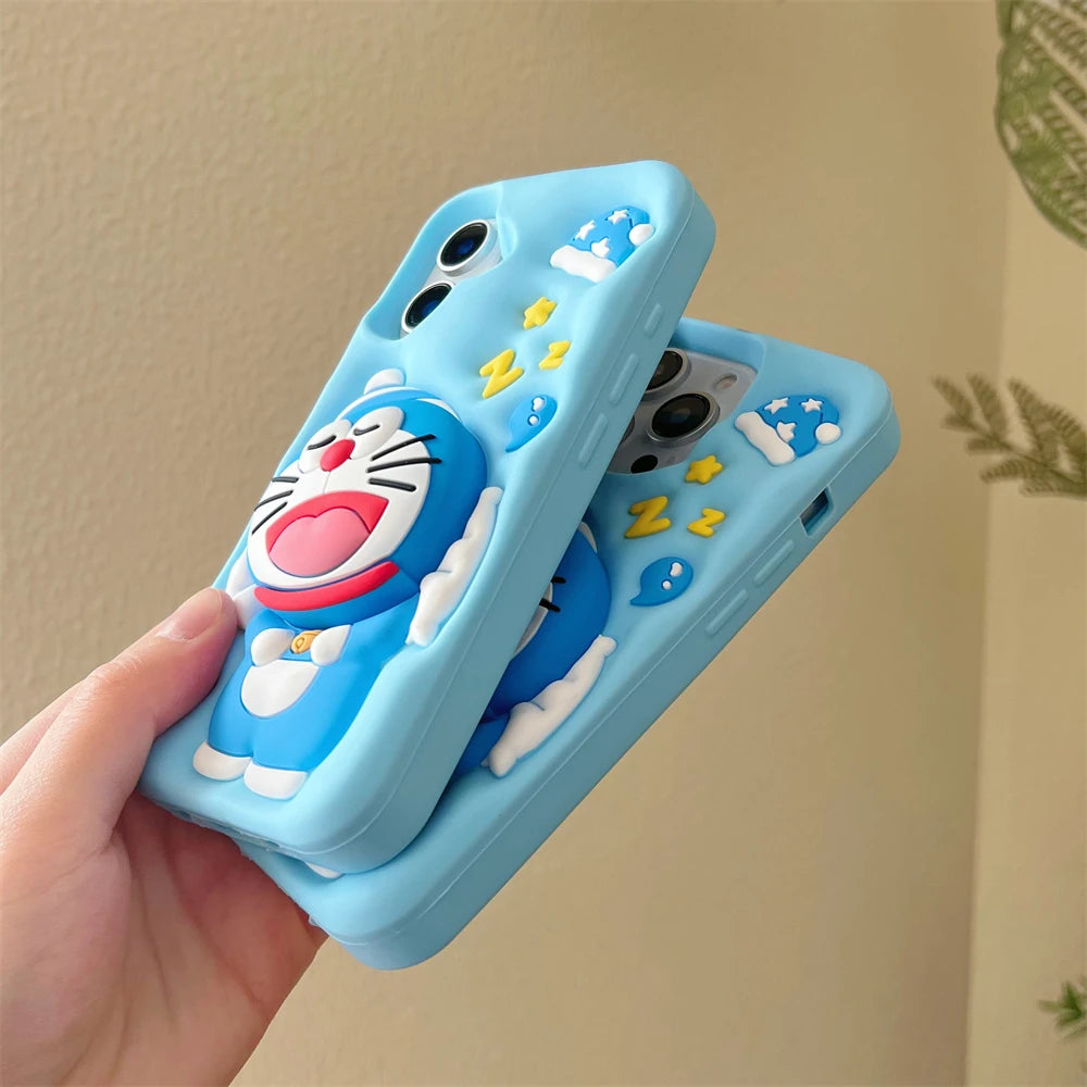 Cute Sleeping Doraemon Silicone Phone Case with Stand – iPhone 12–16 Pro Max