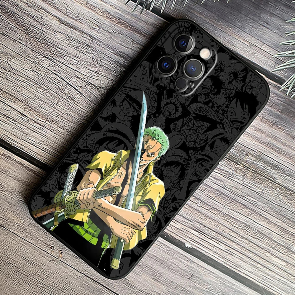 One Piece Luffy & Crew Black Soft Case – Anime iPhone 7–15 Pro Max