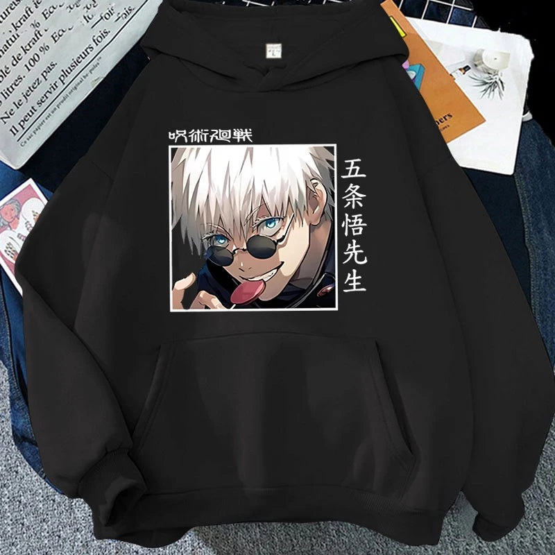 Autumn Winter Casual Anime Gojo Satoru Print Hoodies Solid Color Long Sleeve Hooded Pullovers Sweatshirts Plus Size