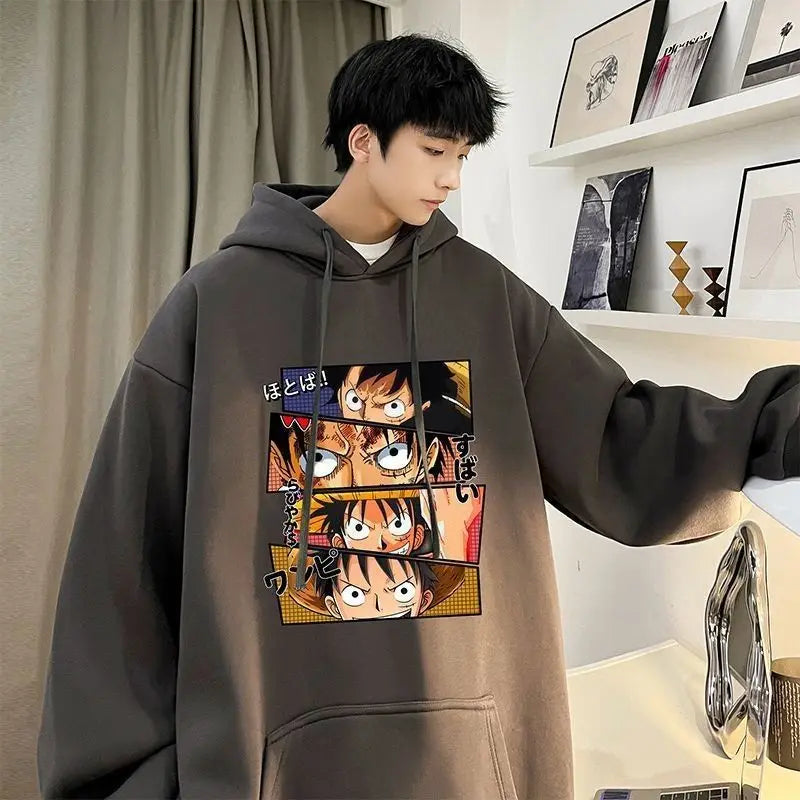 Anime One Piece Monkey D. Luffy Men's Autumn and Winter Printed Hoodie Versatile Hooded Pullover Jacket
