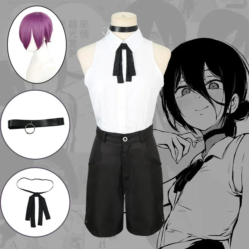 Reze Cosplay Costume Chainsaw Man Outfits Blue Suit Shirt Tie Short Neck Ring Women Anime Uniform Halloween
