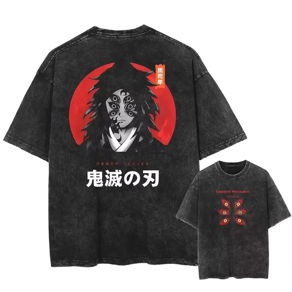 Summer Trendy Demon Slayer Graphic T Shirts Man Anime Oversized Vintage Washed Women Casual Short Sleeved Tee Streetwear Y2k Top