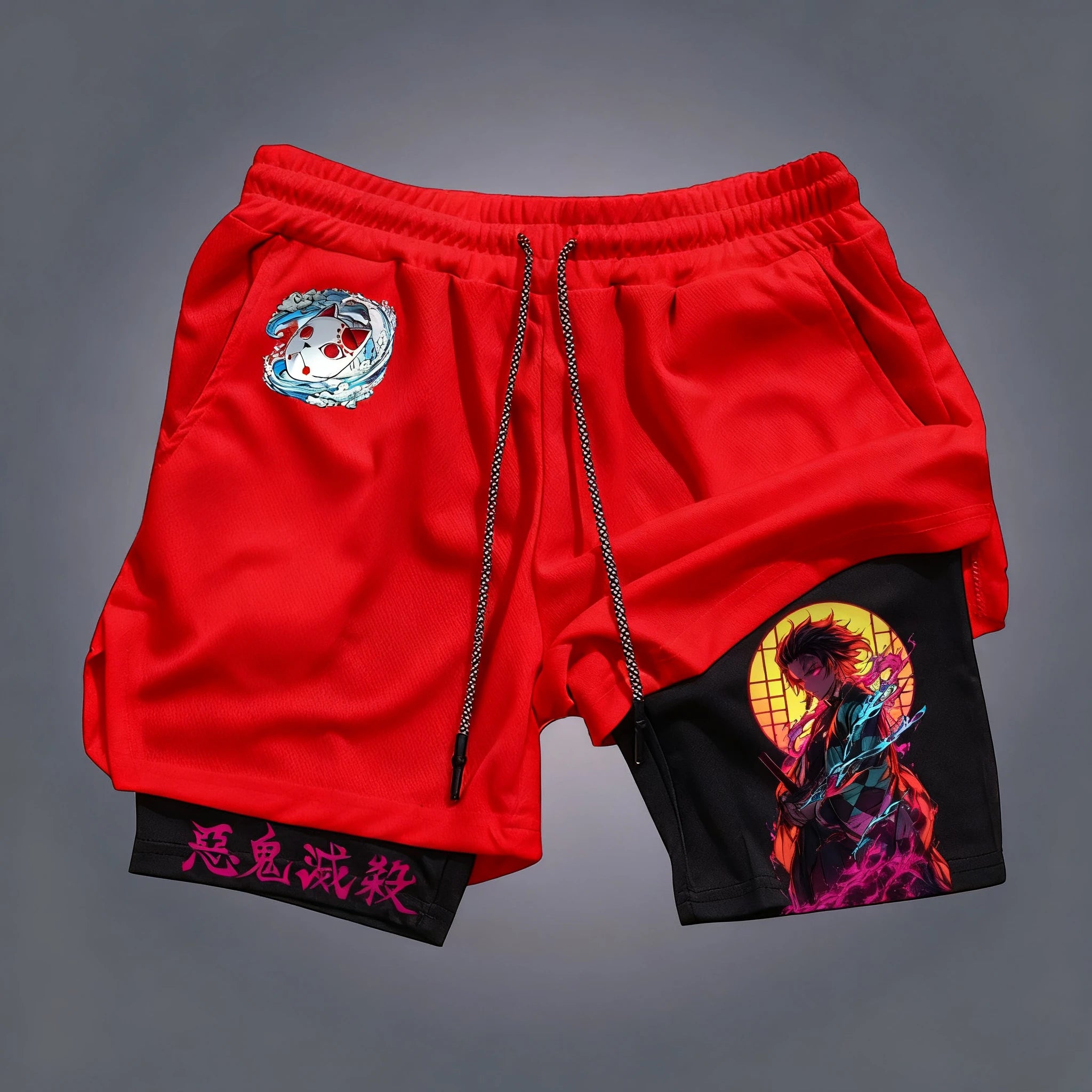 Demon Slayer Anime Tanjirou Printed 2-in-1 Sports Shorts Summer Men's New Trendy Fitness Quick Drying Y2K Double Layer Shorts