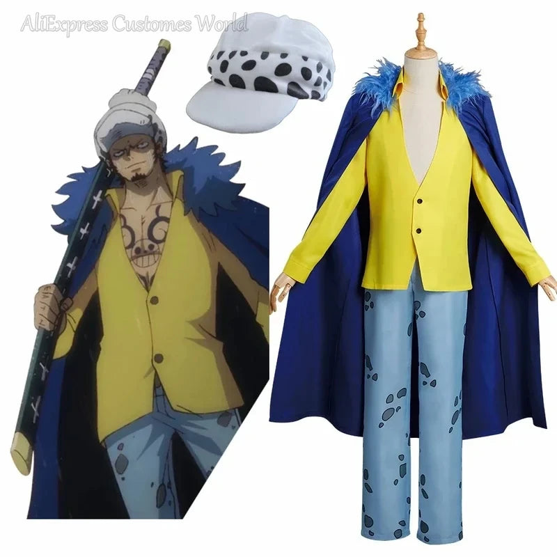 Anime Water Law Tra Falgar Cosplay Costume Trafalgar D Cosplay Suits Uniform For Men Halloween Coat Death Technician Hat