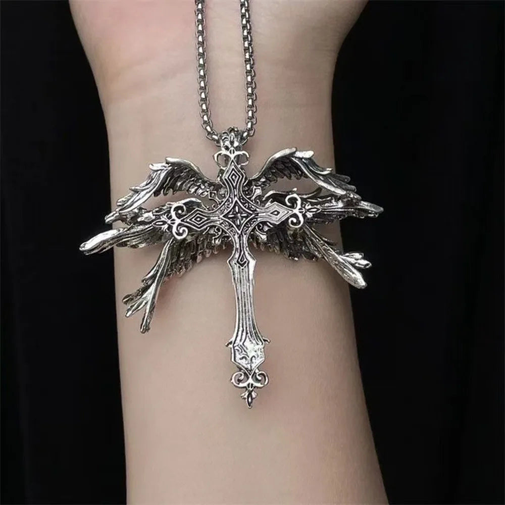 Retro Gothic Jesus Wings Cross Pendant Necklace Jewelry for Men Women Large Vintage Dark Punk Religious Amulet Necklaces Gifts