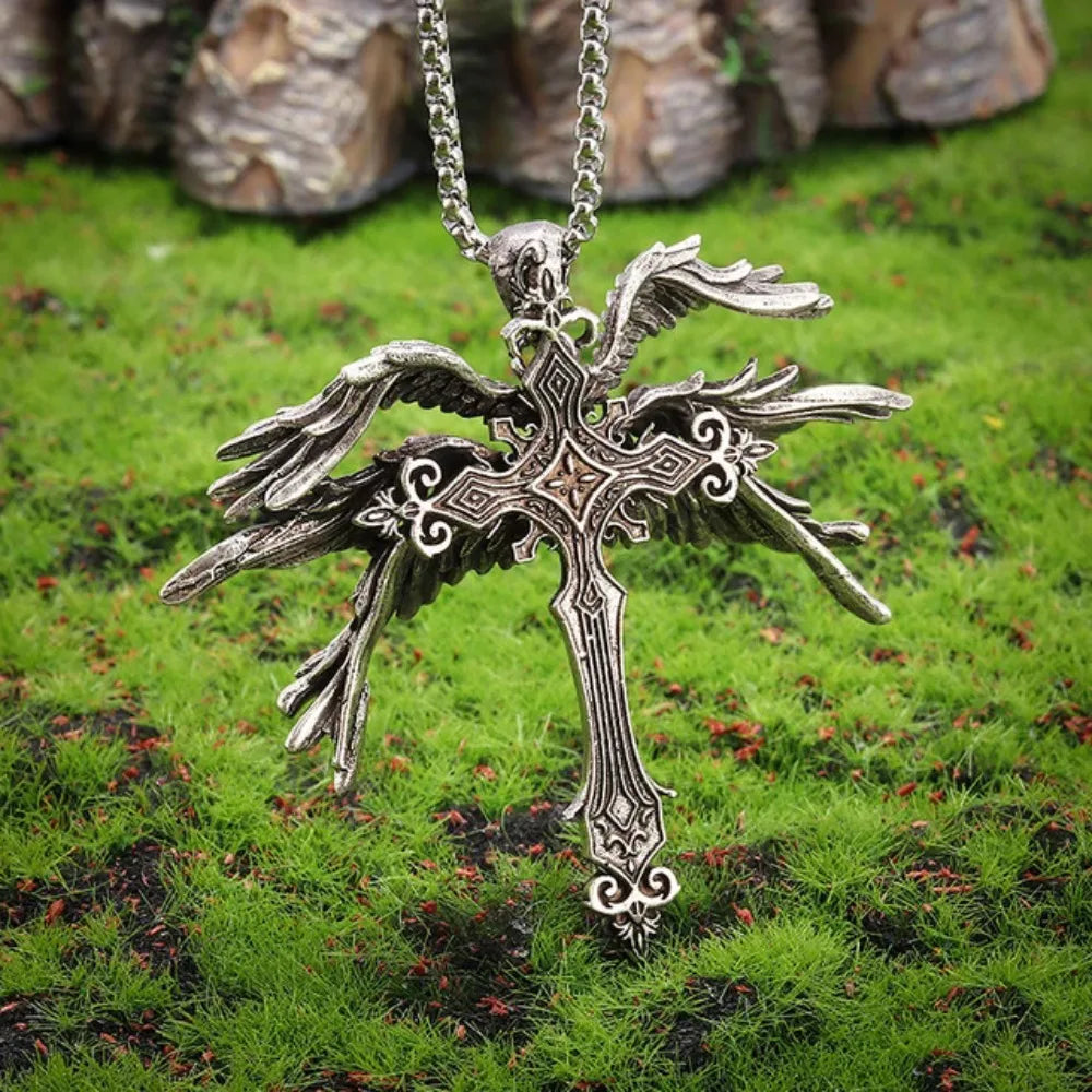 Retro Gothic Jesus Wings Cross Pendant Necklace Jewelry for Men Women Large Vintage Dark Punk Religious Amulet Necklaces Gifts