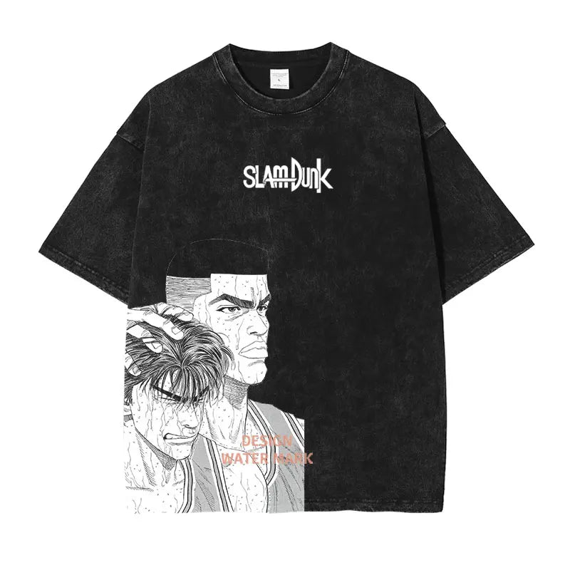 Hanamichi Rukawa Haruko T Shirt Slam Anime Dunk Sendou Vintage Washed Tops Tees Short Sleeve Manga Graphic T-shirt Man Cotton
