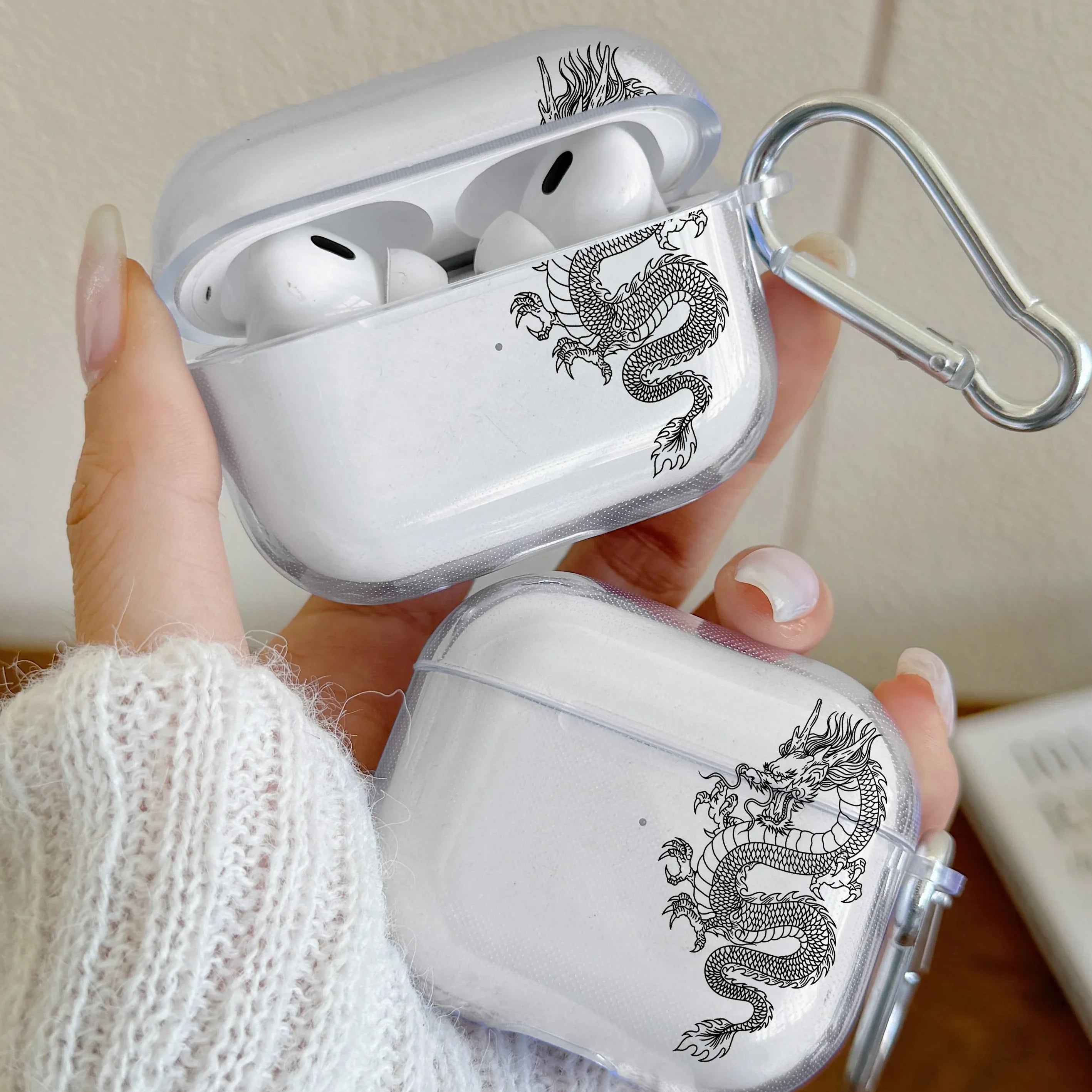 Dragon Design Earphone Case For AirPods Pro/Pro2 TPU Clear Wireless Bluetooth Cover For AirPods 3/4 Protector With Keychain Case