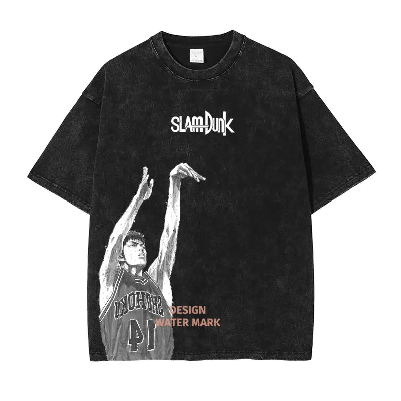 Hanamichi Rukawa Haruko T Shirt Slam Anime Dunk Sendou Vintage Washed Tops Tees Short Sleeve Manga Graphic T-shirt Man Cotton