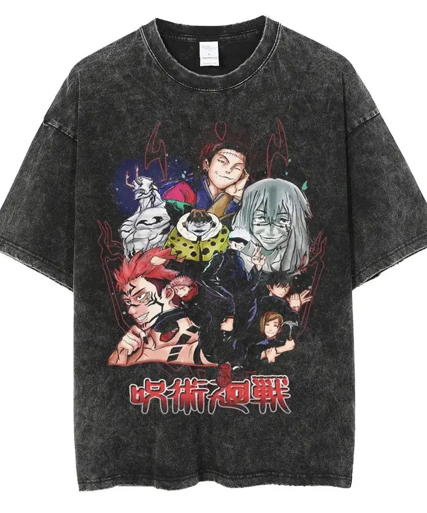 Vintage Anime Printed Washed T-shirt Men Women Cotton T Shirt Hip Hop Streetwear Summer Crew Neck Retro Short Sleeve Tees Tops