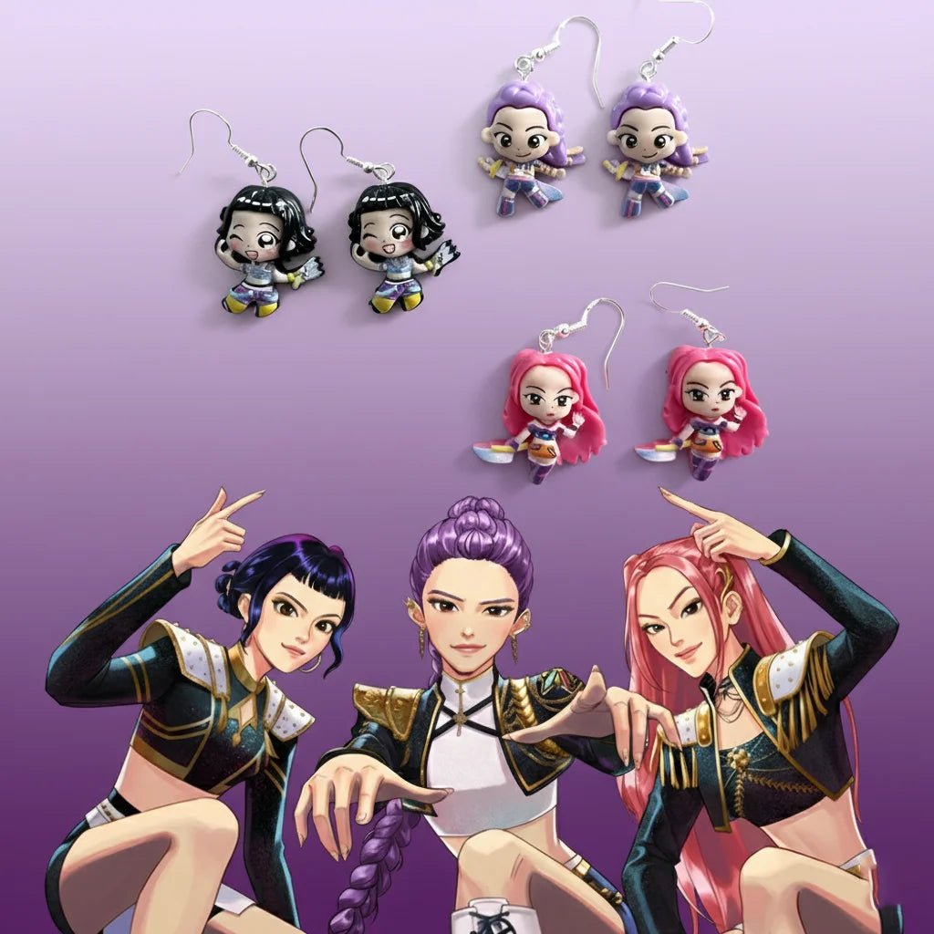 3Pairs Kpop Demon Hunters Character Resin Pendant Earrings Set Cosplay Jewelry Gift for Women