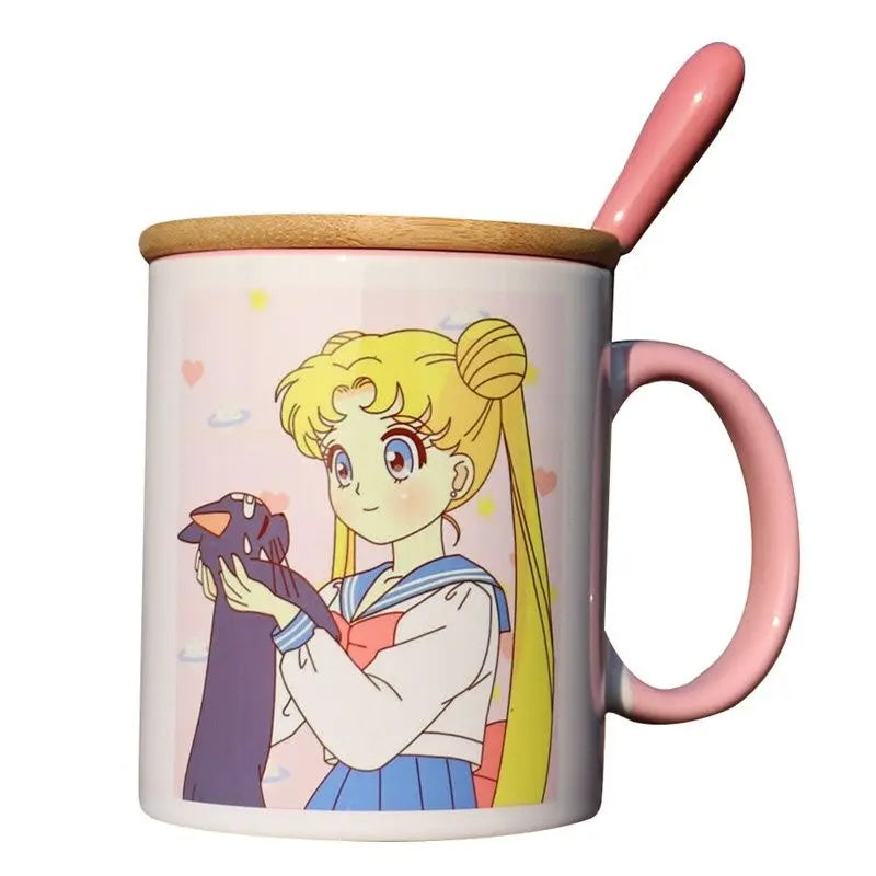 Sailor Moon Usagi Ceramic Mug with Lid & Heart Spoon – Cute Anime Gift Cup