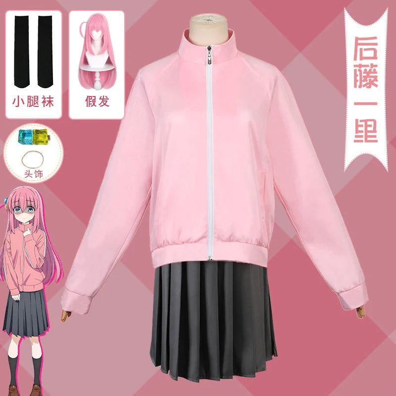 Gotou Hitori Cosplay Bocchi The Rock Gotou Hitori Cosplay Costume JK Uniform Pink Jacket Skirt Wig Suit Halloween Anime Cosplay