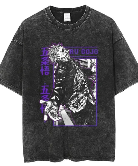 Vintage Anime Printed Washed T-shirt Men Women Cotton T Shirt Hip Hop Streetwear Summer Crew Neck Retro Short Sleeve Tees Tops