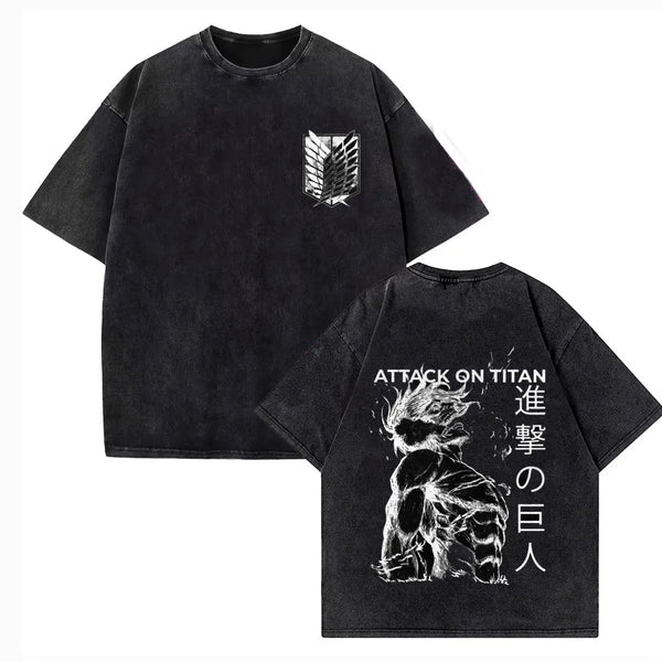 Attack on Titan Vintage Washed Print T-Shirt – Mikasa & Eren Wings of Freedom