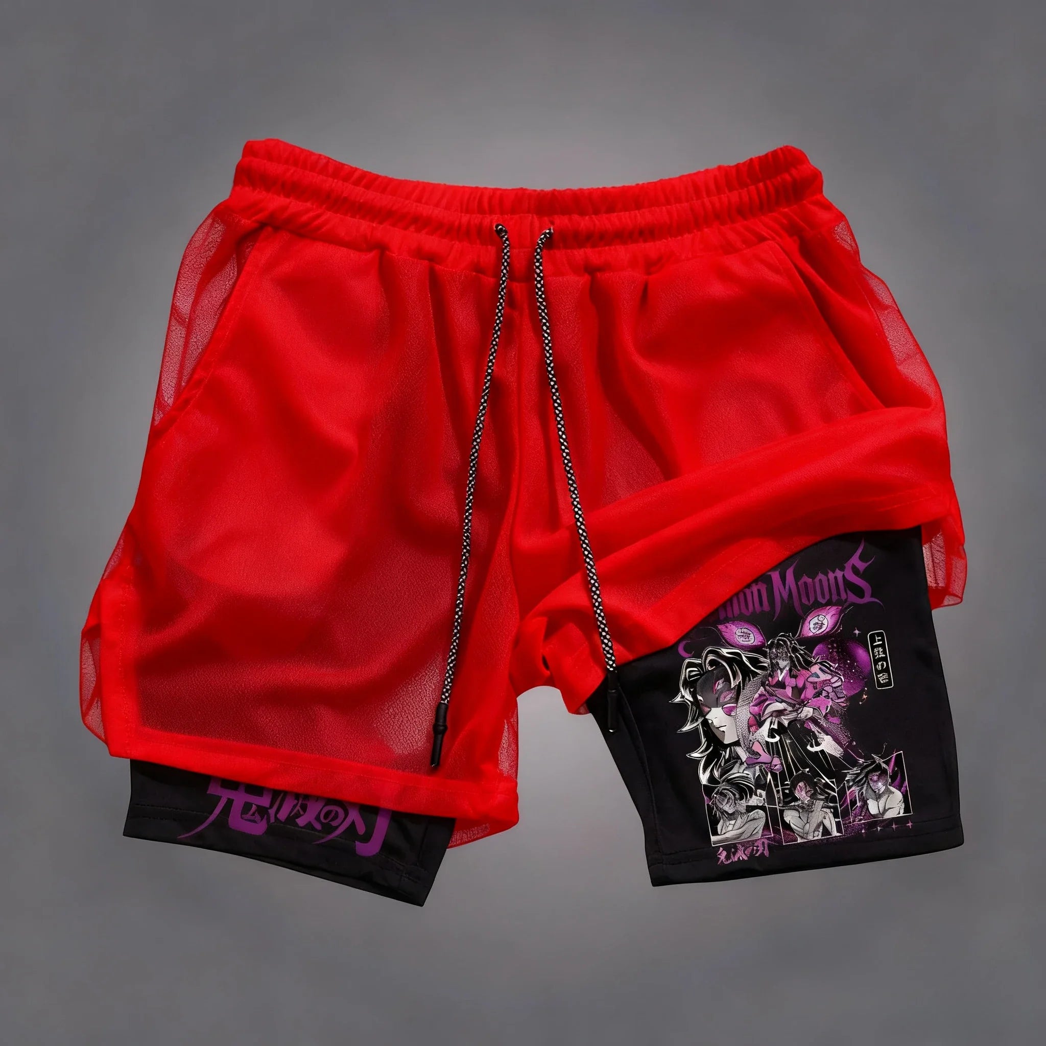 Demon Slayer Kokushibo Anime Printed Double Layer Shorts Summer Men's Fitness Swimming Quick Drying Breathable 2-in-1 Shorts