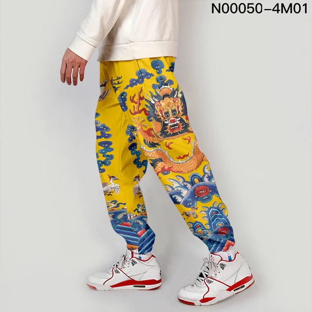 Kanagawa Wave Dragon Sweatpants Women/Men Smooth Satin Joggers Spring High Street Anime Trousers Fashion Pants