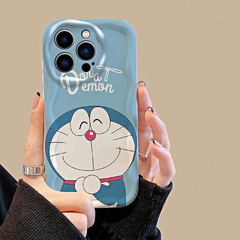 Doraemon Soft Silicone Wavy Case – Cute Cartoon iPhone 6–15 Pro Max Cover
