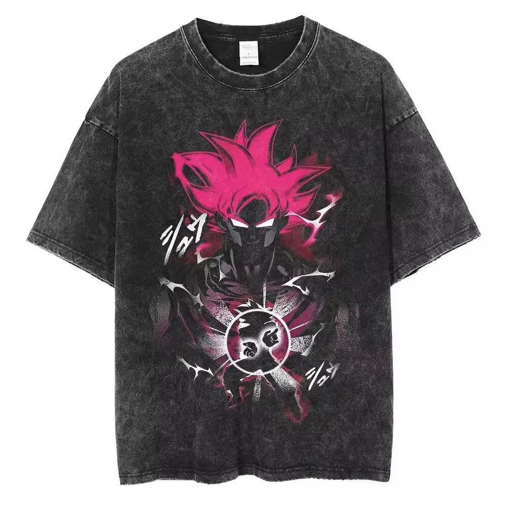 New Hip Hop Streetwear Anime Dragon Ball Printed Growzed T-Shirt Mens Washed Vintage Black Summer Casual Cotton T Shirt Fan Gift