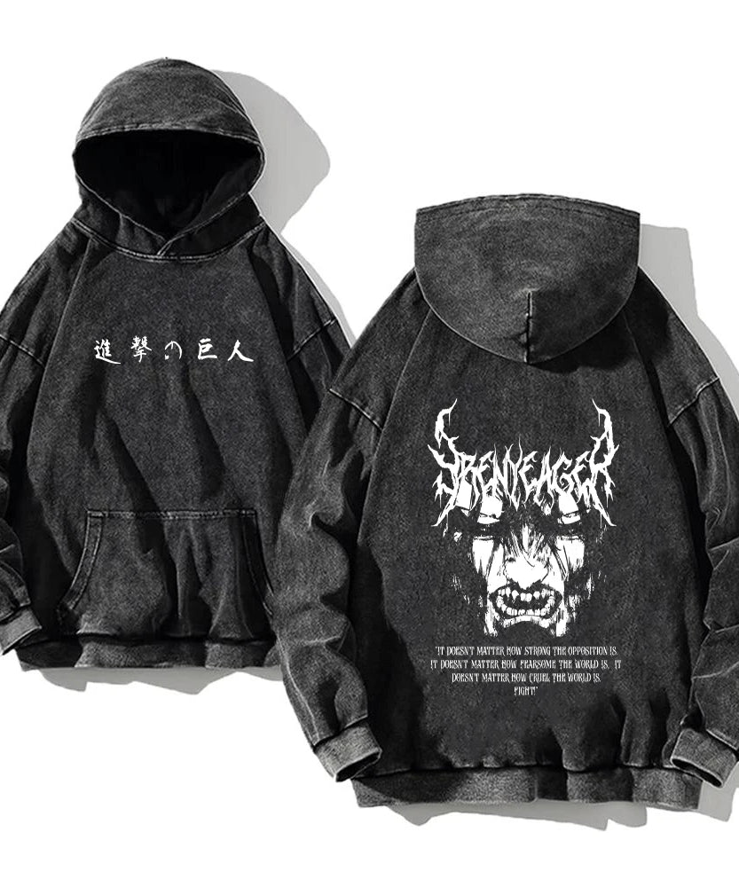 Attack on Titan Acid-Washed Hoodie – Manga Streetwear Long Sleeve