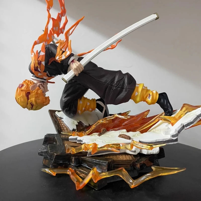 28cm Anime Demon Slayer Agatsuma Zenitsu Fire Thunder God Action Figure PVC Statue With Effect Base Collectible Model Toy Gift
