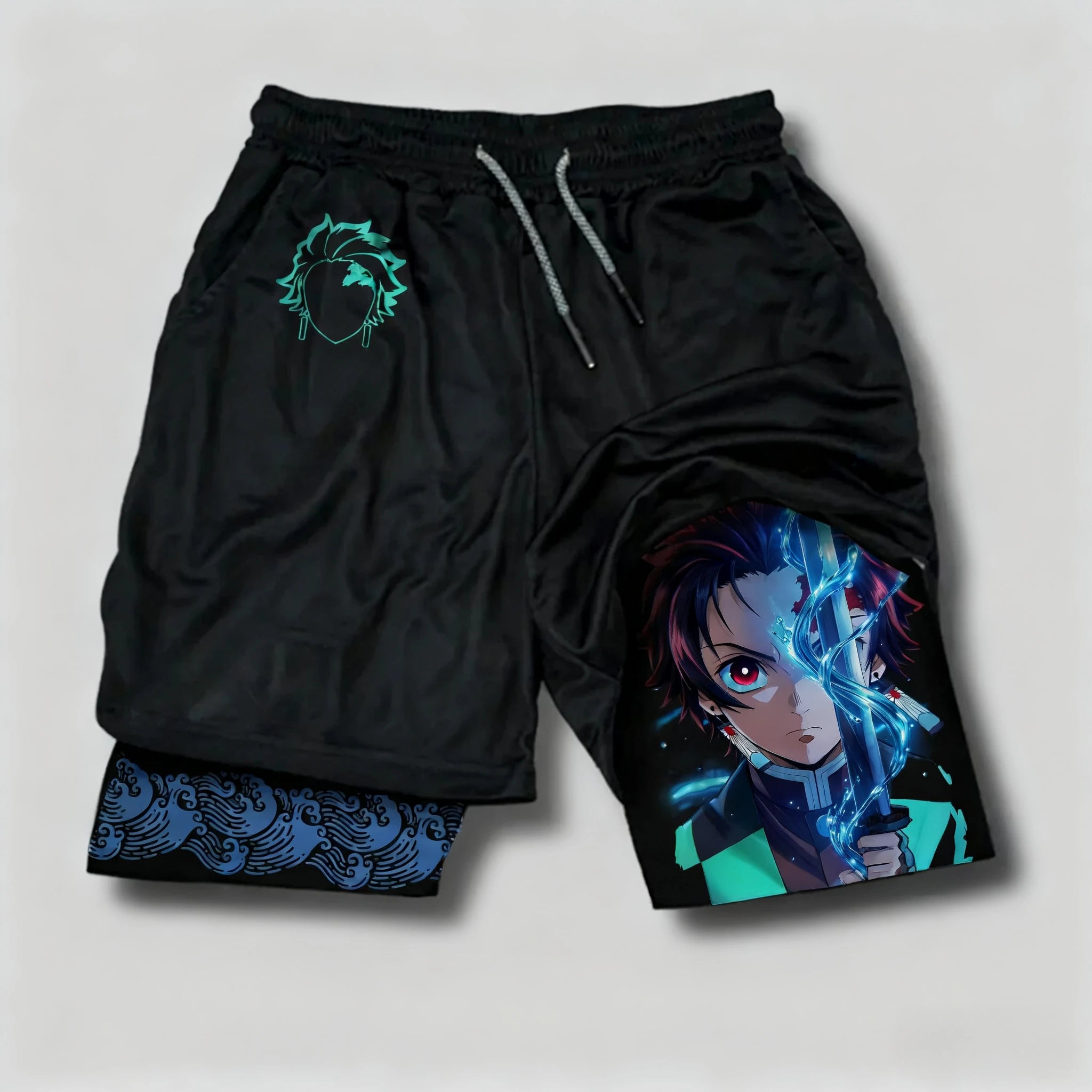 Demon Slayer Anime Printed 2-in-1 Sports Shorts Summer Men's New Fitness Running Breathable Quick Drying Y2K Double Layer Shorts