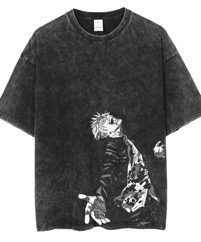 Vintage Anime Printed Washed T-shirt Men Women Cotton T Shirt Hip Hop Streetwear Summer Crew Neck Retro Short Sleeve Tees Tops