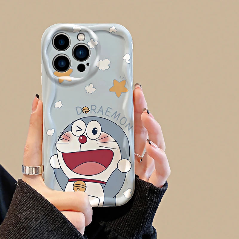 Doraemon Soft Silicone Wavy Case – Cute Cartoon iPhone 6–15 Pro Max Cover
