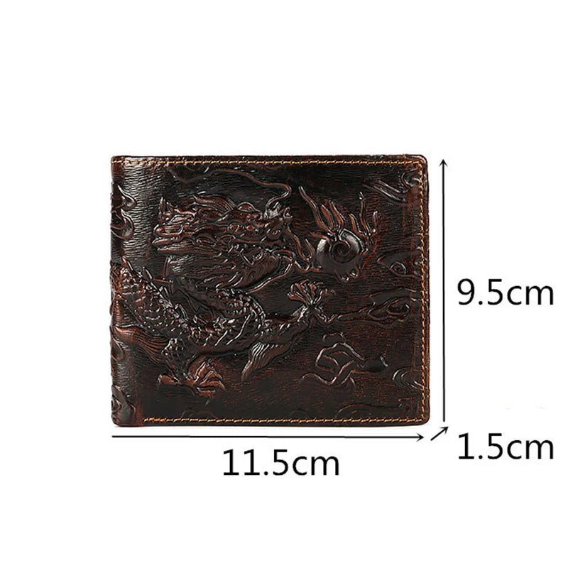 High Quality Genuine Leather Short Wallet 3D Dragon Style Card Wallet Vintage Bifold Small Purse for Man Male Gift Purses